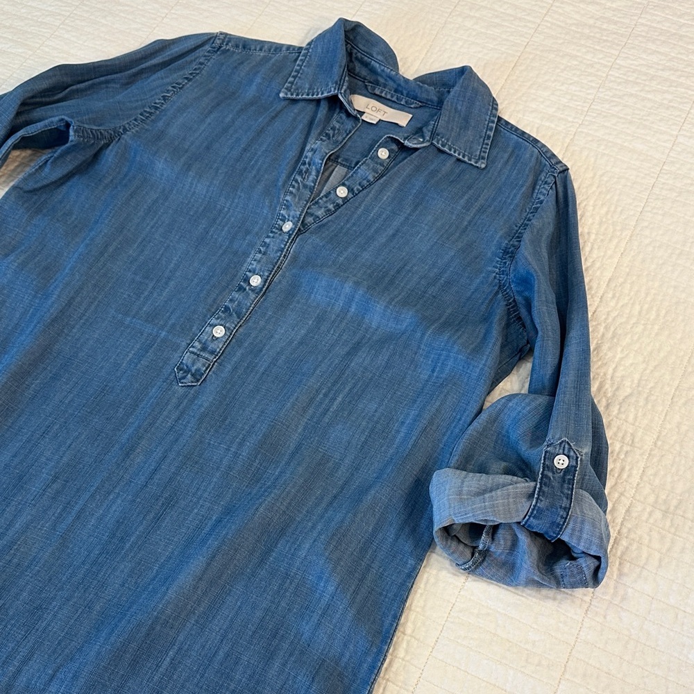 Loft Small Soft Chambray Shirt Dress Sleeve Tab Knee length Tunic - Picture 5 of 7